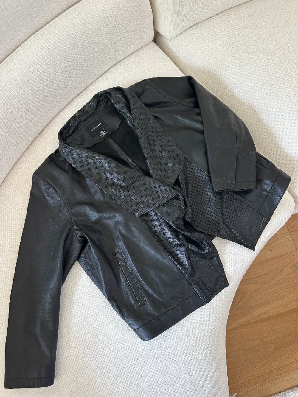 Vintage DKNY Jeans Black Leather Jacket Blazer XL Draped Perforated Collar